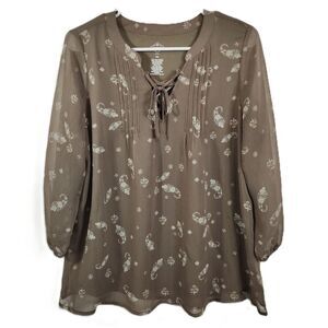 St. John’s Bay Petite PM Brown Sheer Floral Peasant Blouse Tie Neck Boho Top